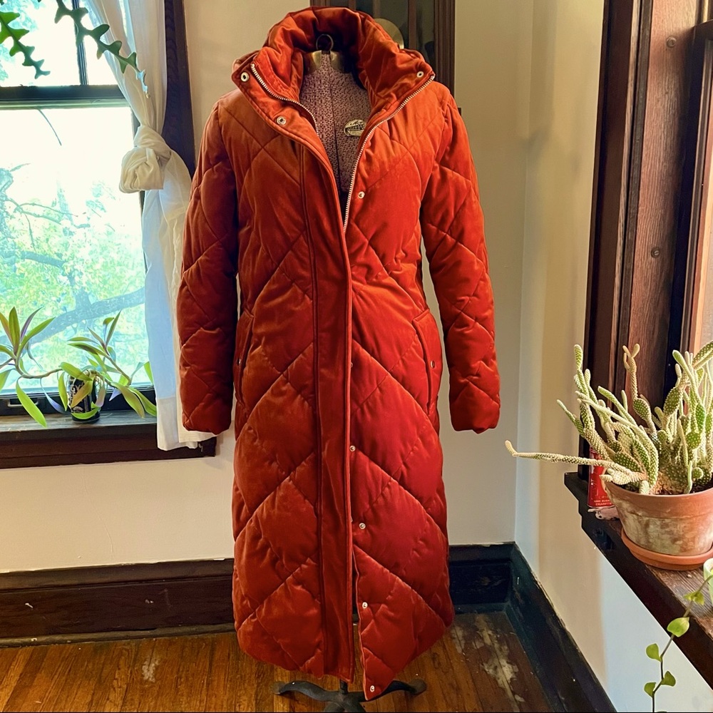 Xtra Warm 3/4 length red-orange parka • Quilted velvet-look • ASOS sz 4/32/0